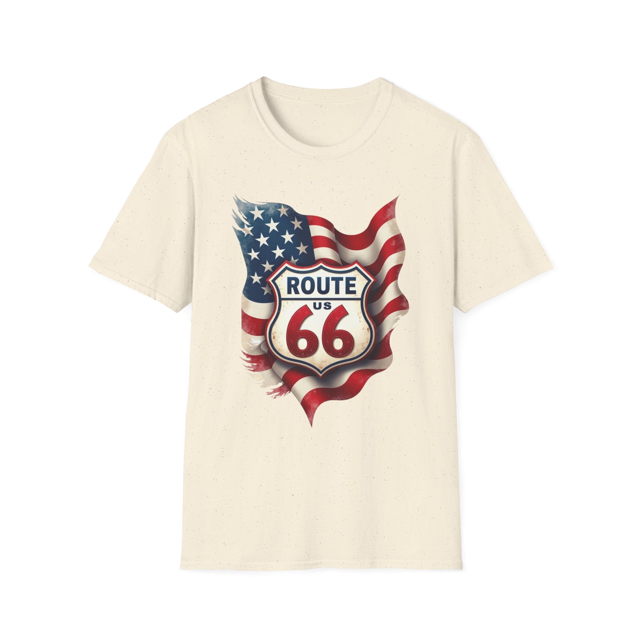 Route 66 Shield with American Flag T-Shirt | Vintage Road Trip Tee