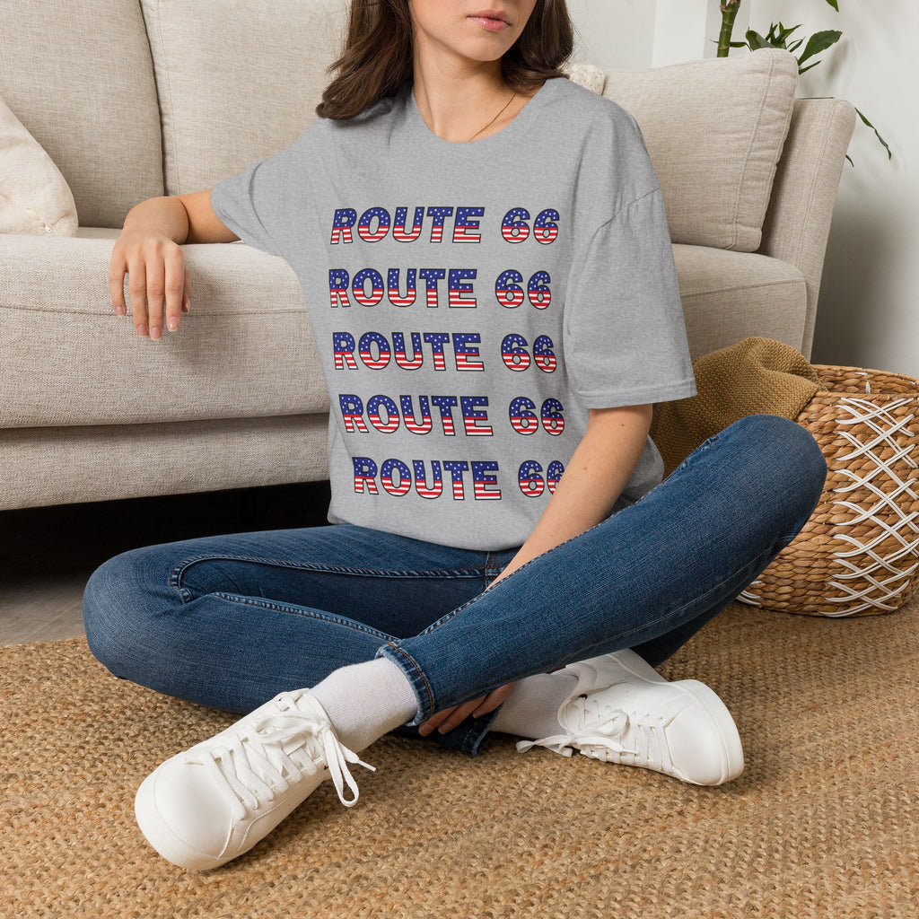 Route 66 Retro Text T-Shirt | American Flag Roadtrip Graphic