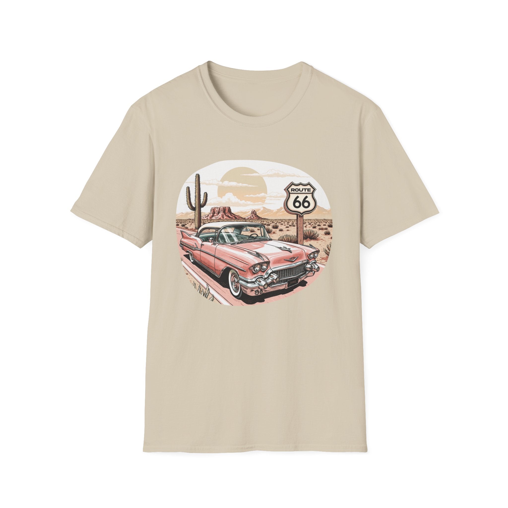 Retro Pink Classic Car Route 66 T-Shirt | Desert Cactus Vintage Roadtrip