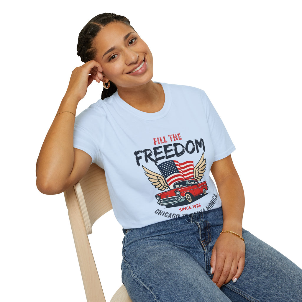 Fill the Freedom Vintage Car T-Shirt | American Flag Wings Chicago to Santa Monica Route 66