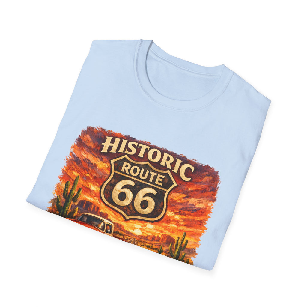 Historic Route 66 Road Trip T-Shirt | Vintage Car Desert Sunset