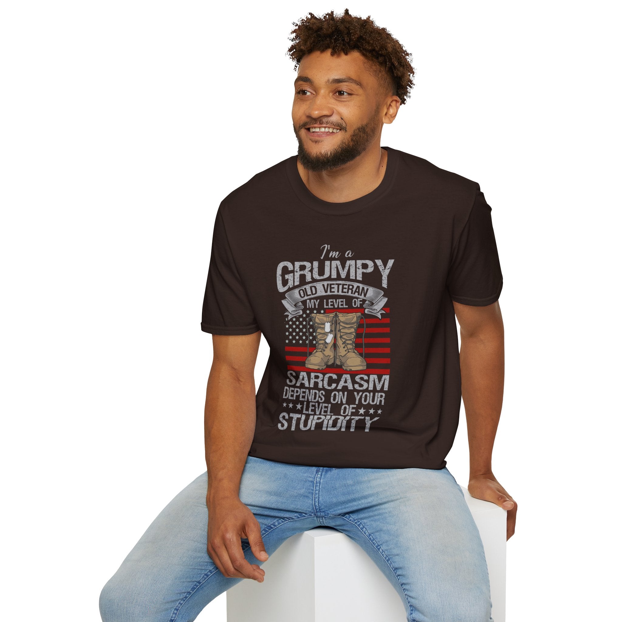 Grumpy Old Veteran Boots, T-Shirt | American Flag, Sarcasm Depends on Stupidity