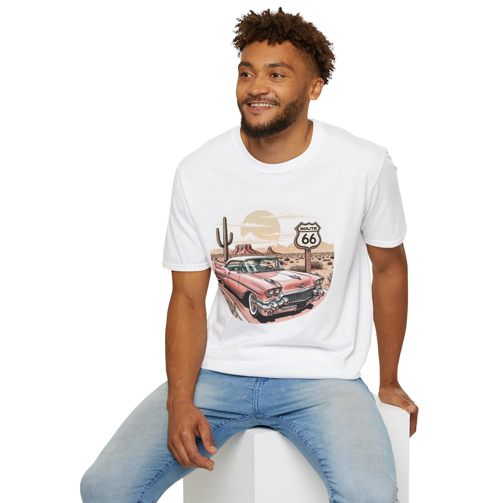 Retro Pink Classic Car Route 66 T-Shirt | Desert Cactus Vintage Roadtrip