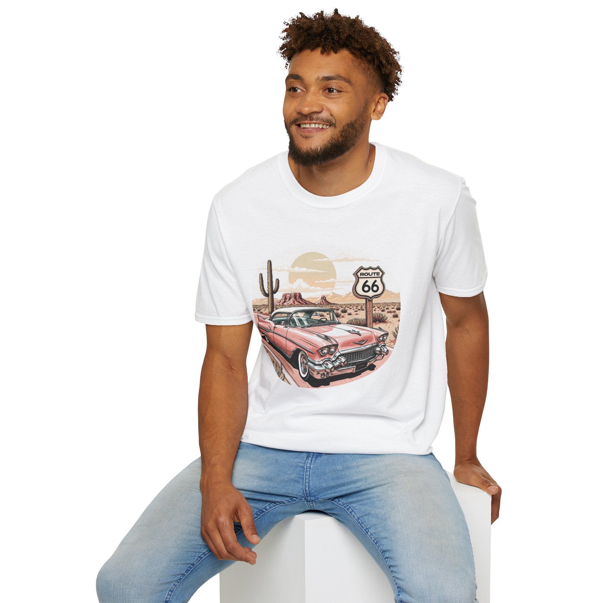 Retro Pink Classic Car Route 66 T-Shirt | Desert Cactus Vintage Roadtrip