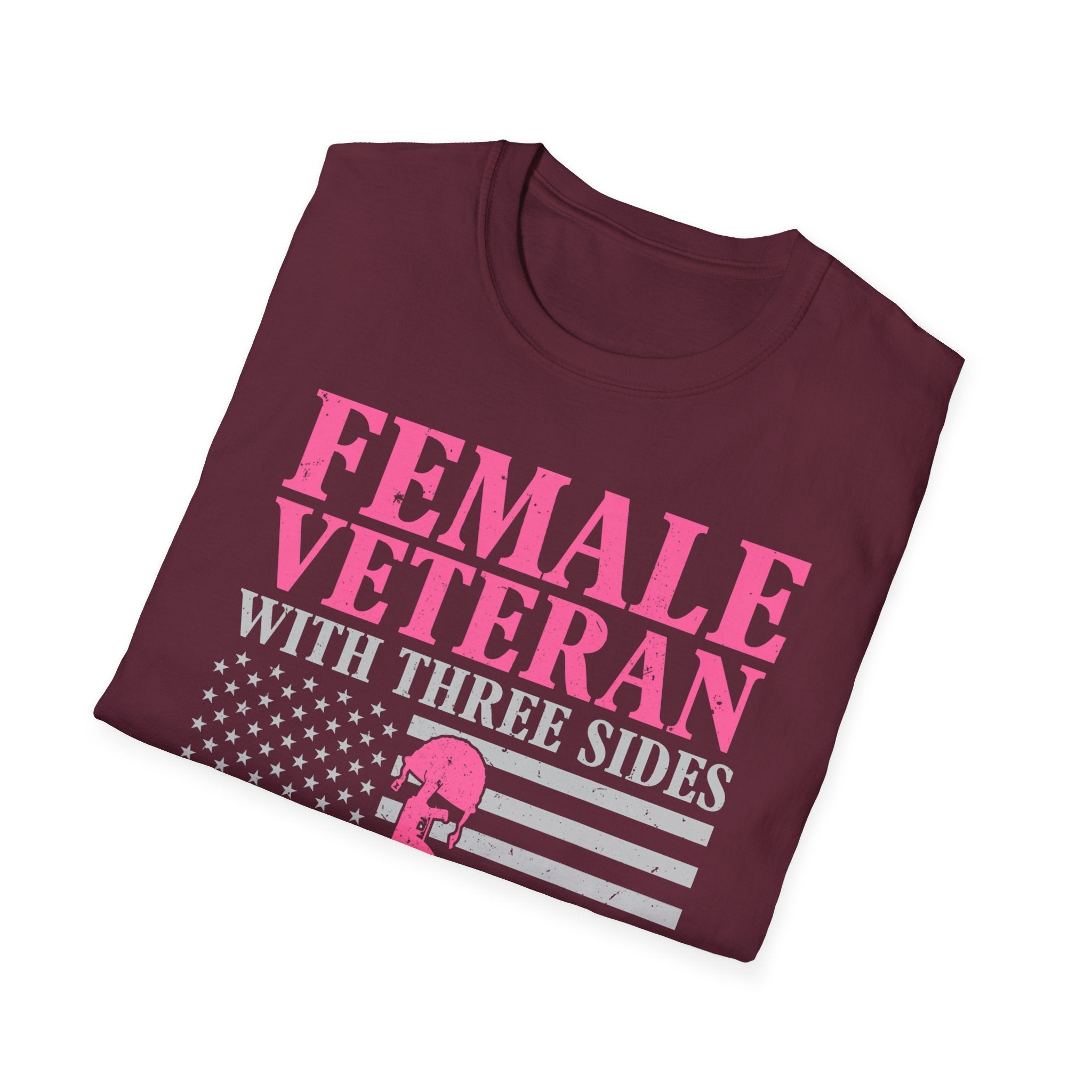 Female Veteran with Three Sides T-Shirt | American Flag, Pink Helmet, Military Pride