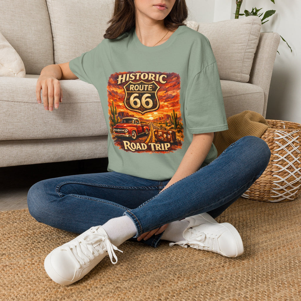 Historic Route 66 Road Trip T-Shirt | Vintage Car Desert Sunset