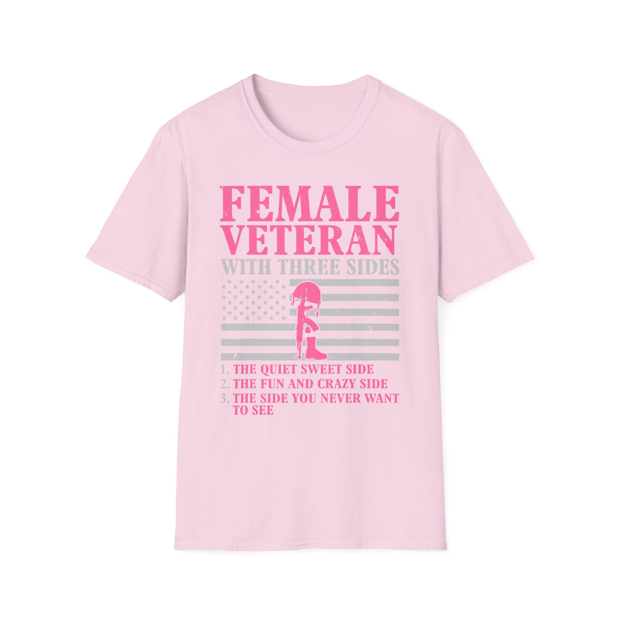 Female Veteran with Three Sides T-Shirt | American Flag, Pink Helmet, Military Pride