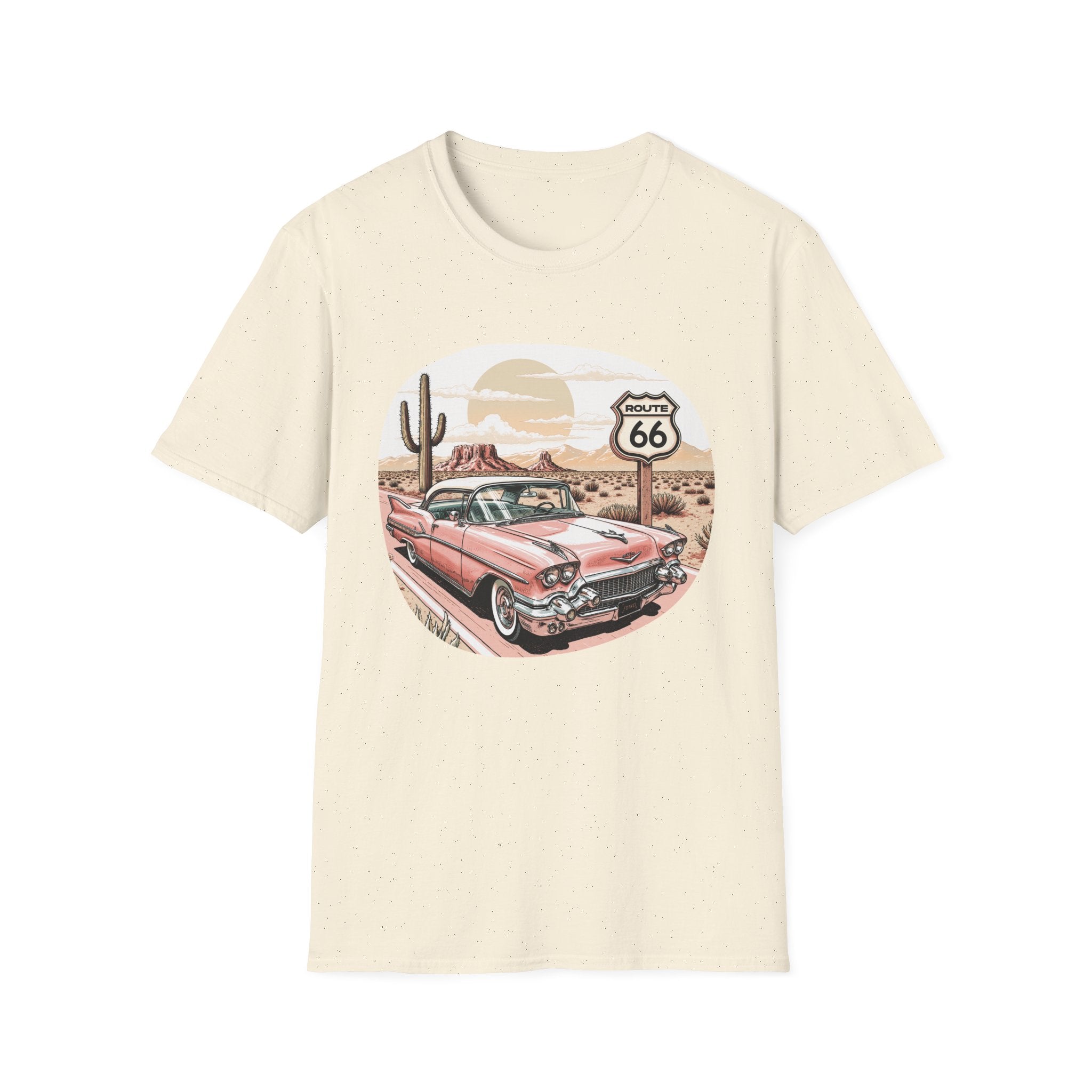 Retro Pink Classic Car Route 66 T-Shirt | Desert Cactus Vintage Roadtrip
