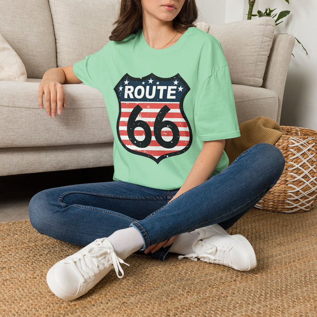 Route 66 Shield T-Shirt | American Flag Vintage Road Sign