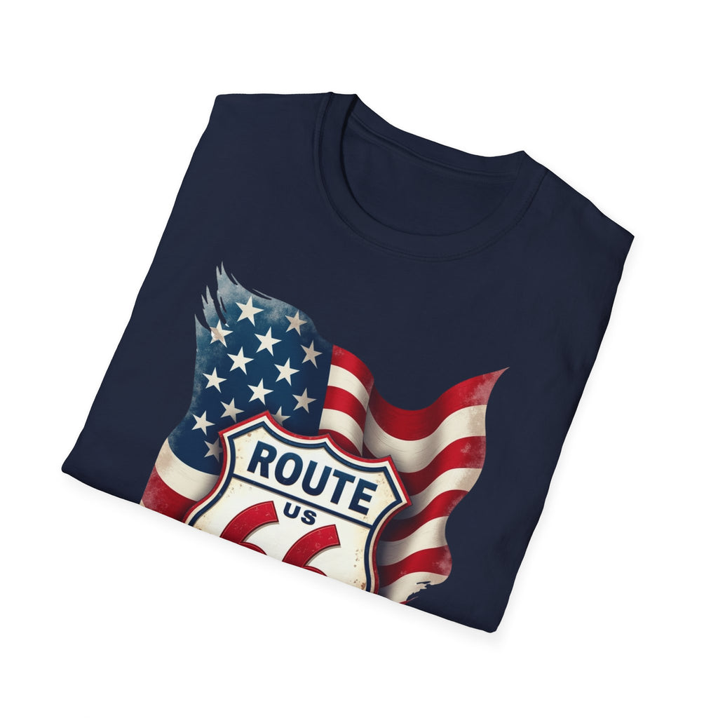 Route 66 Shield with American Flag T-Shirt | Vintage Road Trip Tee