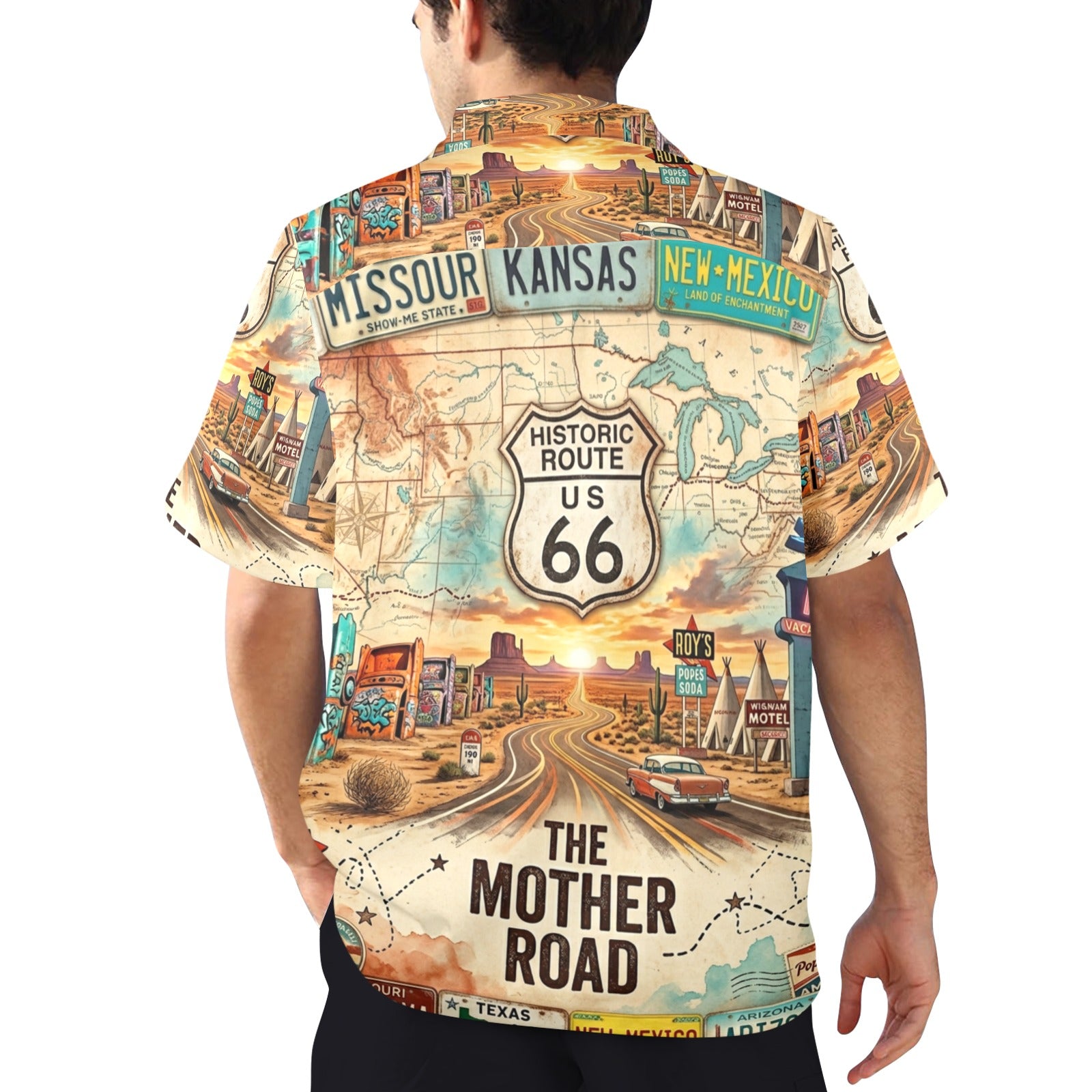 Route 66 The Mother Road Men's All Over Print Hawaiian Shirt Made In USA Ships to USA Only