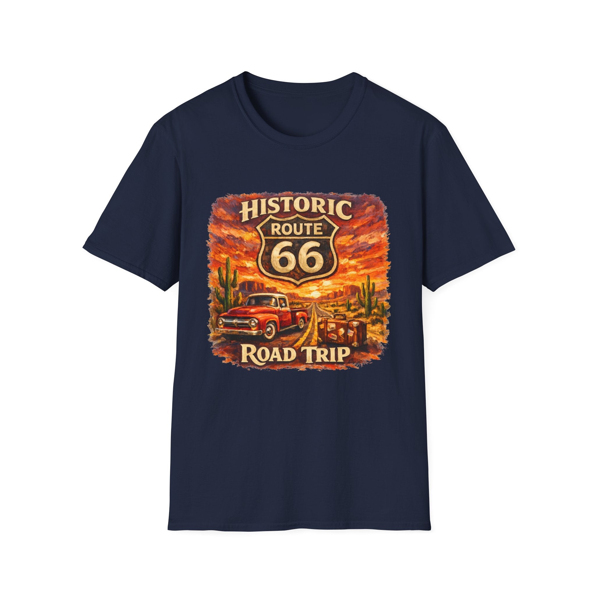 Historic Route 66 Road Trip T-Shirt | Vintage Car Desert Sunset