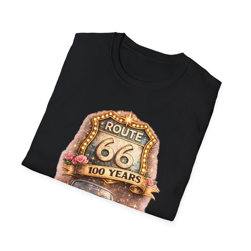 Route 66 100 Years Pink Classic Car T-Shirt | Vintage Road Trip Tee