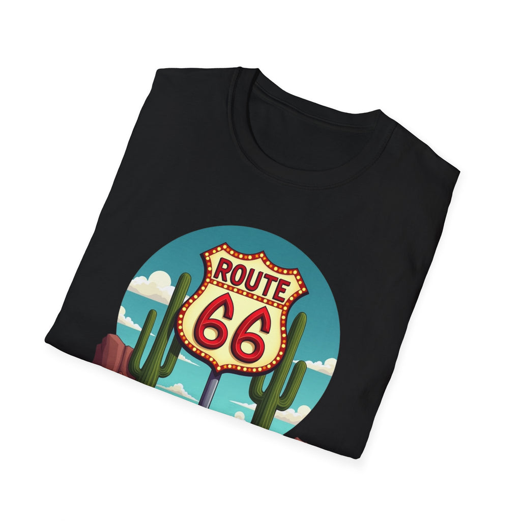 Route 66 Classic Car T-Shirt | Retro Desert Road Sign, Vintage Convertible