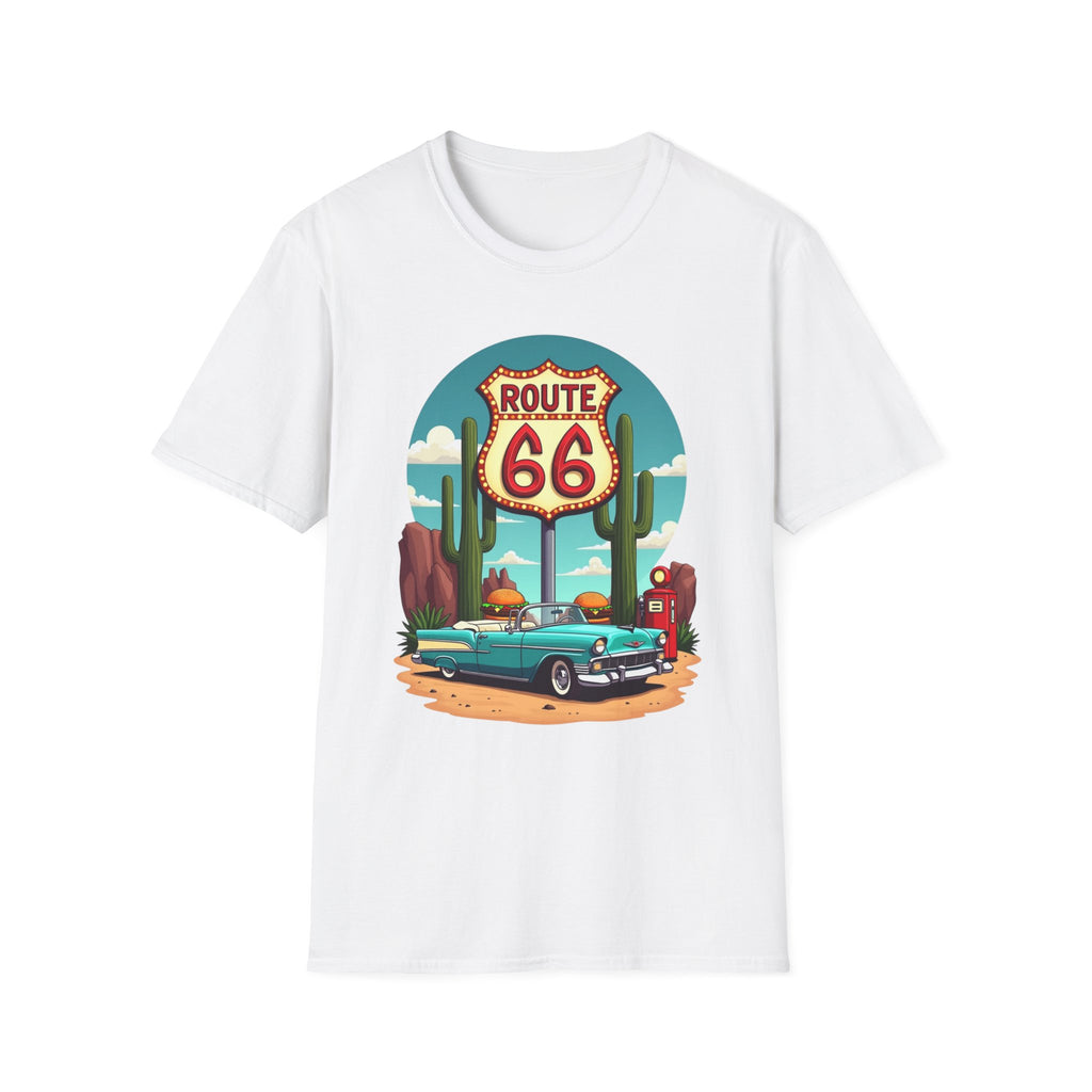 Route 66 Classic Car T-Shirt | Retro Desert Road Sign, Vintage Convertible