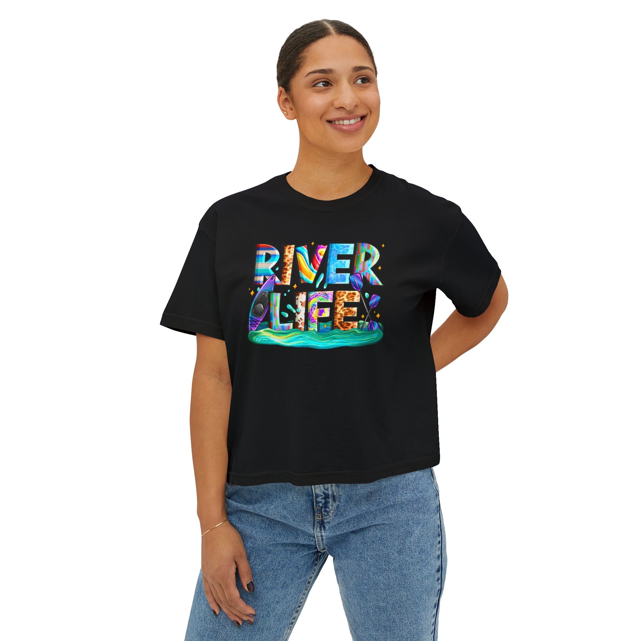 River Life boxy tee | colorful river lettering, kayak, fishing graphics