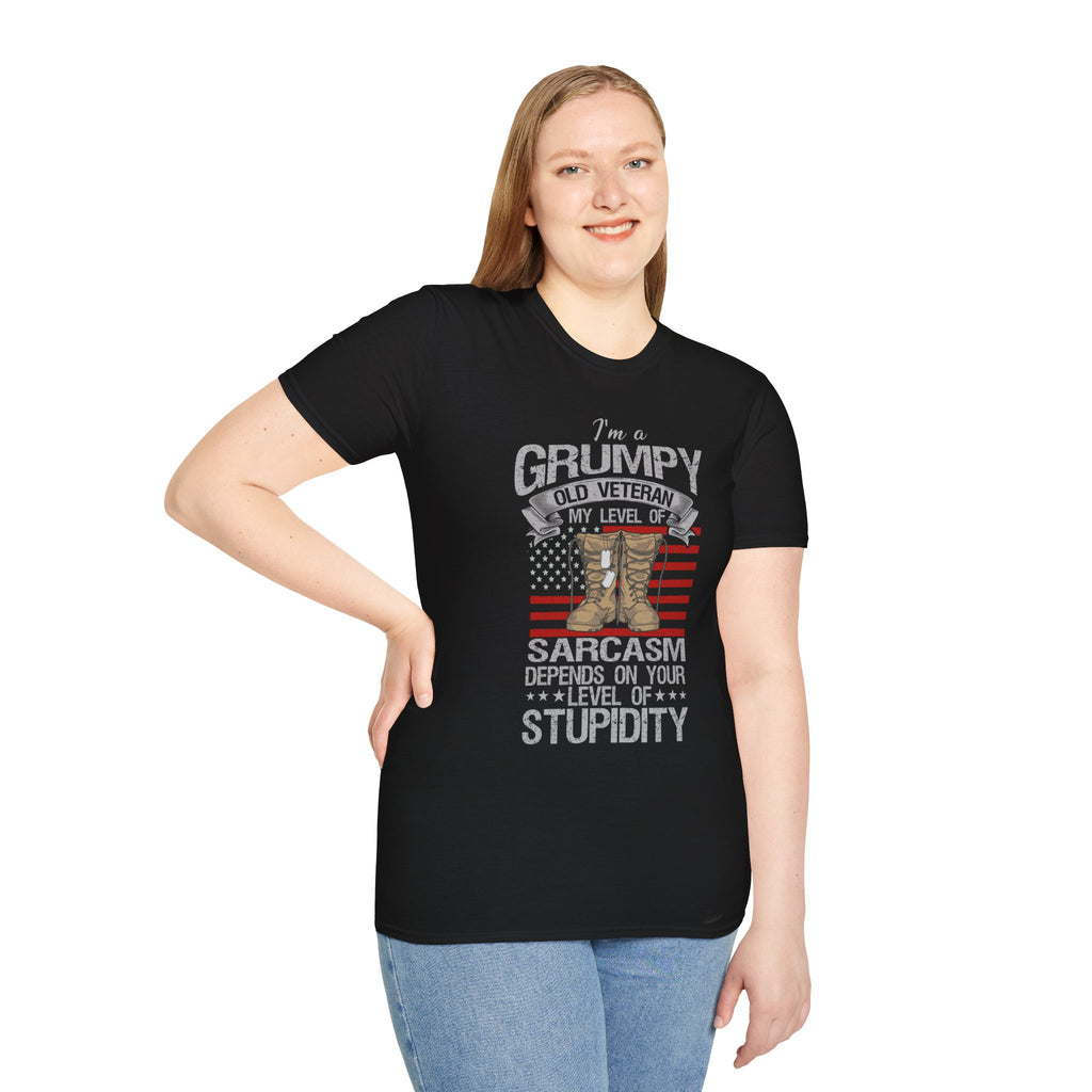 Grumpy Old Veteran Boots, T-Shirt | American Flag, Sarcasm Depends on Stupidity