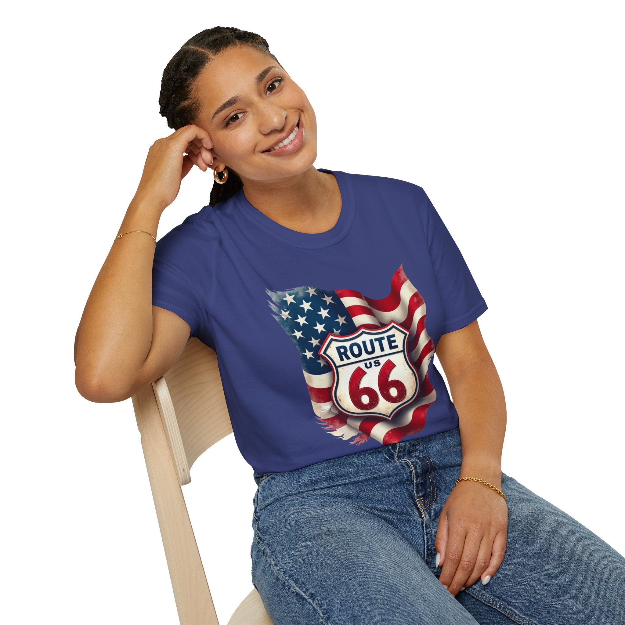 Route 66 Shield with American Flag T-Shirt | Vintage Road Trip Tee