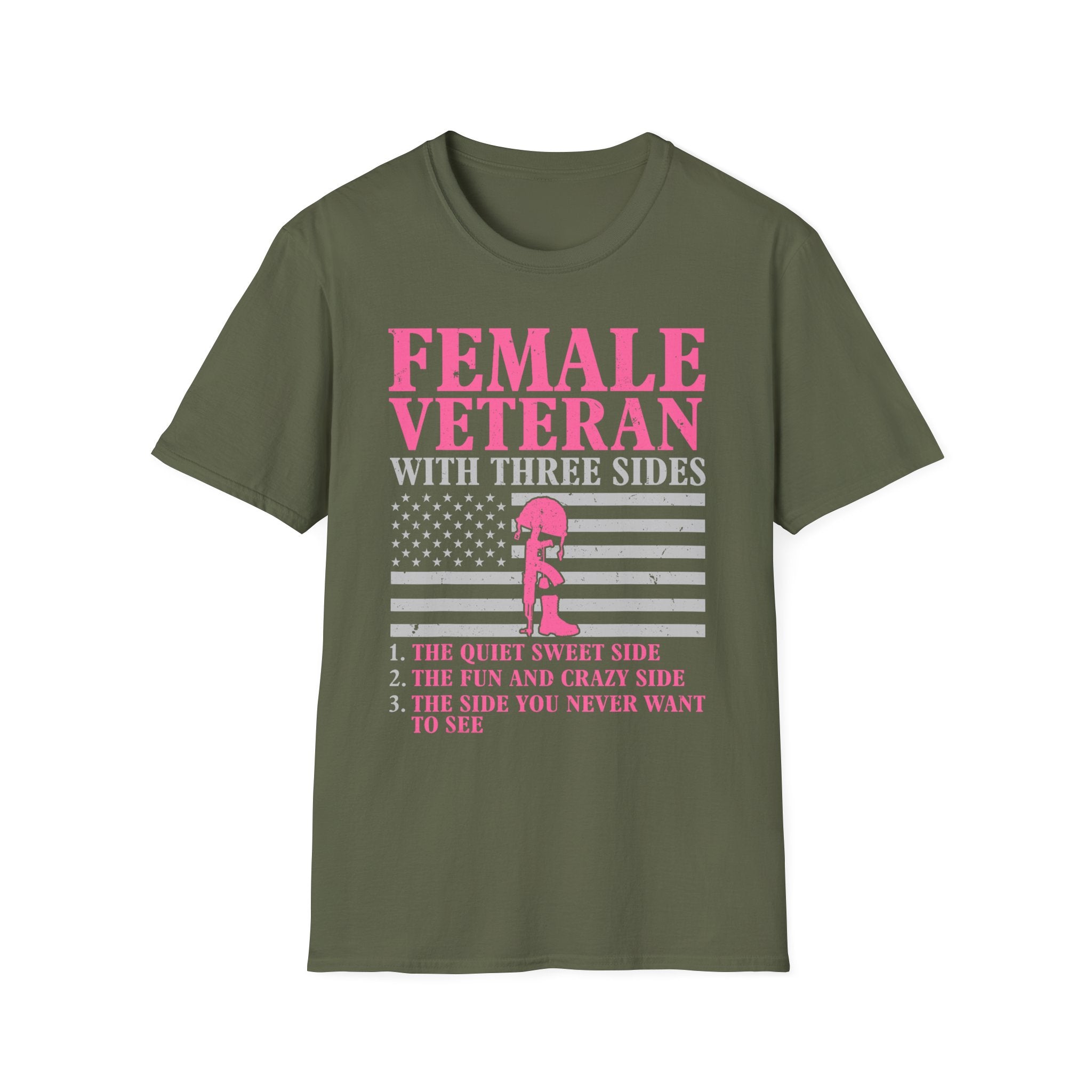 Female Veteran with Three Sides T-Shirt | American Flag, Pink Helmet, Military Pride