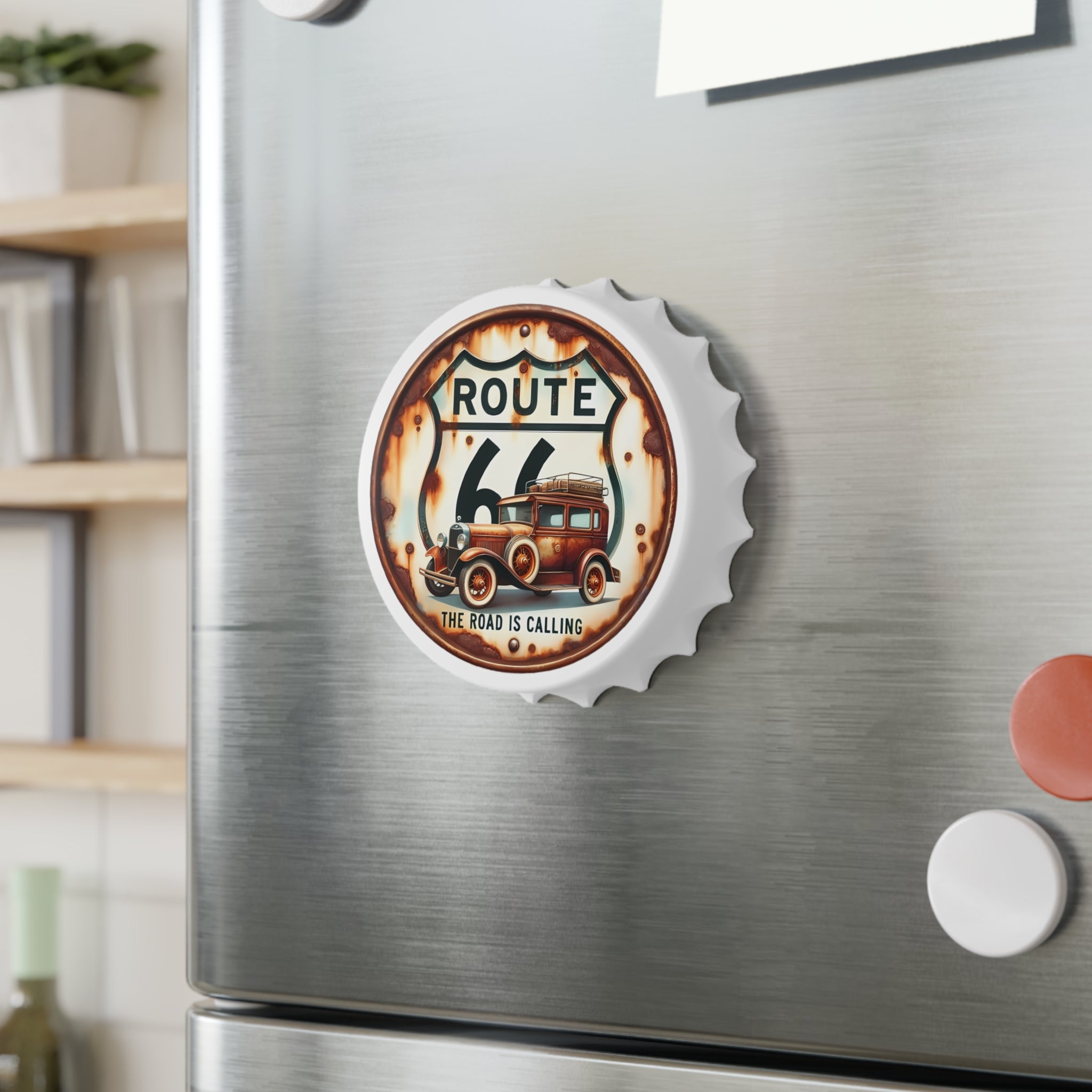Route 66 Bottle Opener — 'The Road Is Calling' Vintage Car Design