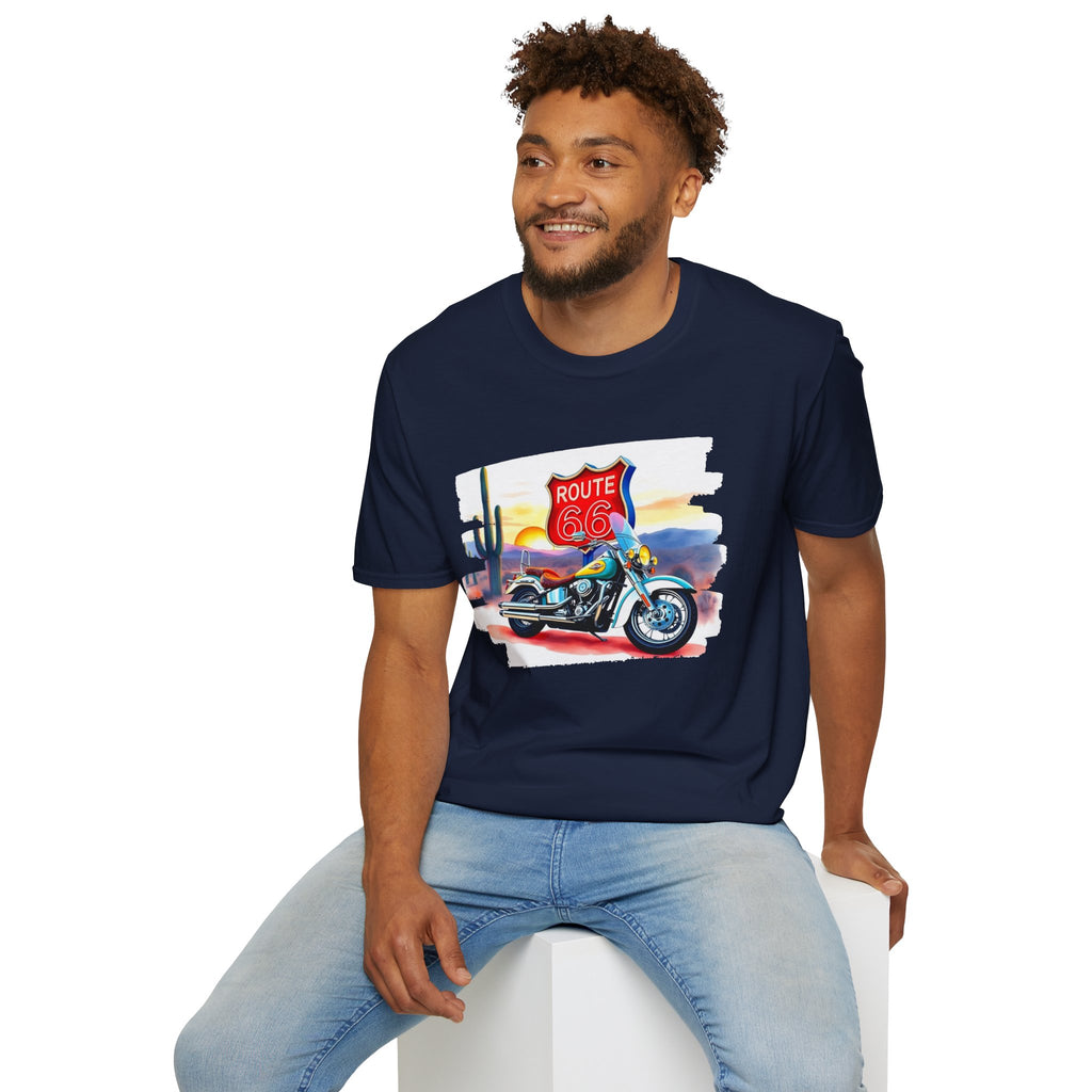 Route 66 Motorcycle T-Shirt | Desert Sunset Biker Graphic