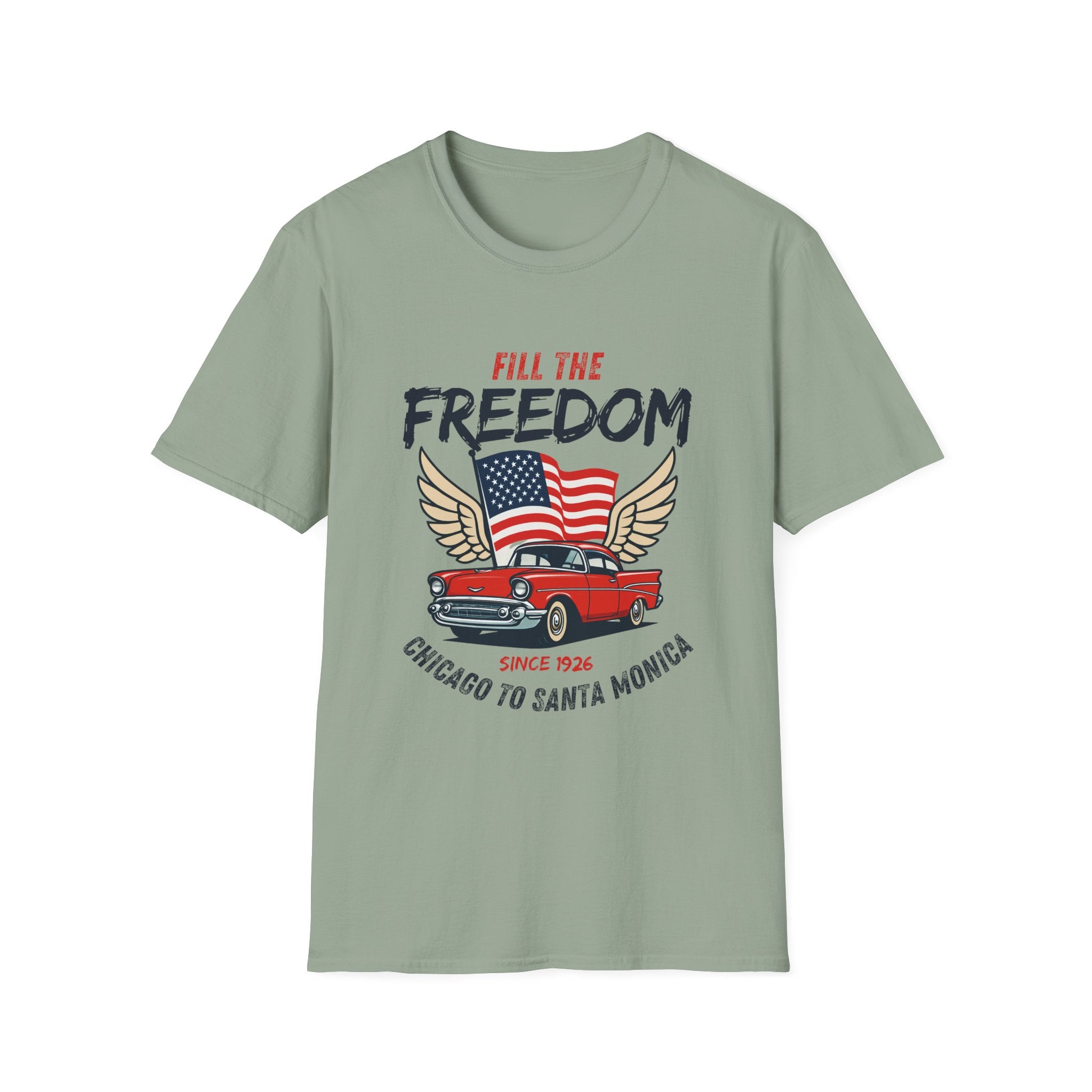 Fill the Freedom Vintage Car T-Shirt | American Flag Wings Chicago to Santa Monica
