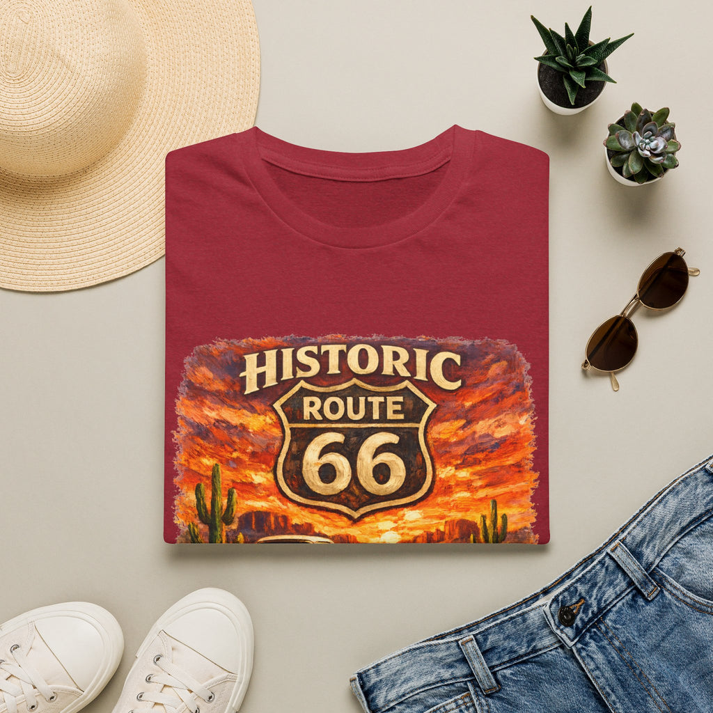 Historic Route 66 Road Trip T-Shirt | Vintage Car Desert Sunset