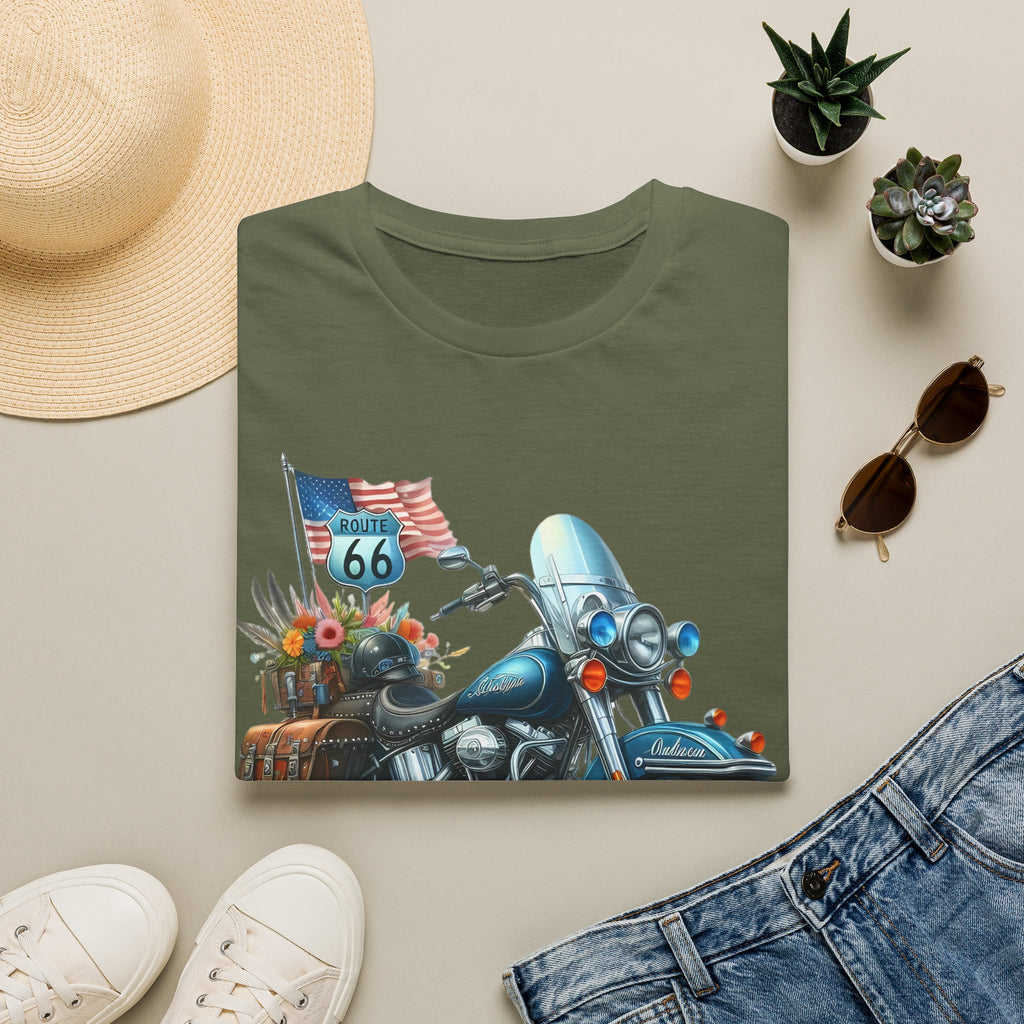 Route 66 Motorcycle Illustration T-Shirt | American Flag, Sunflowers