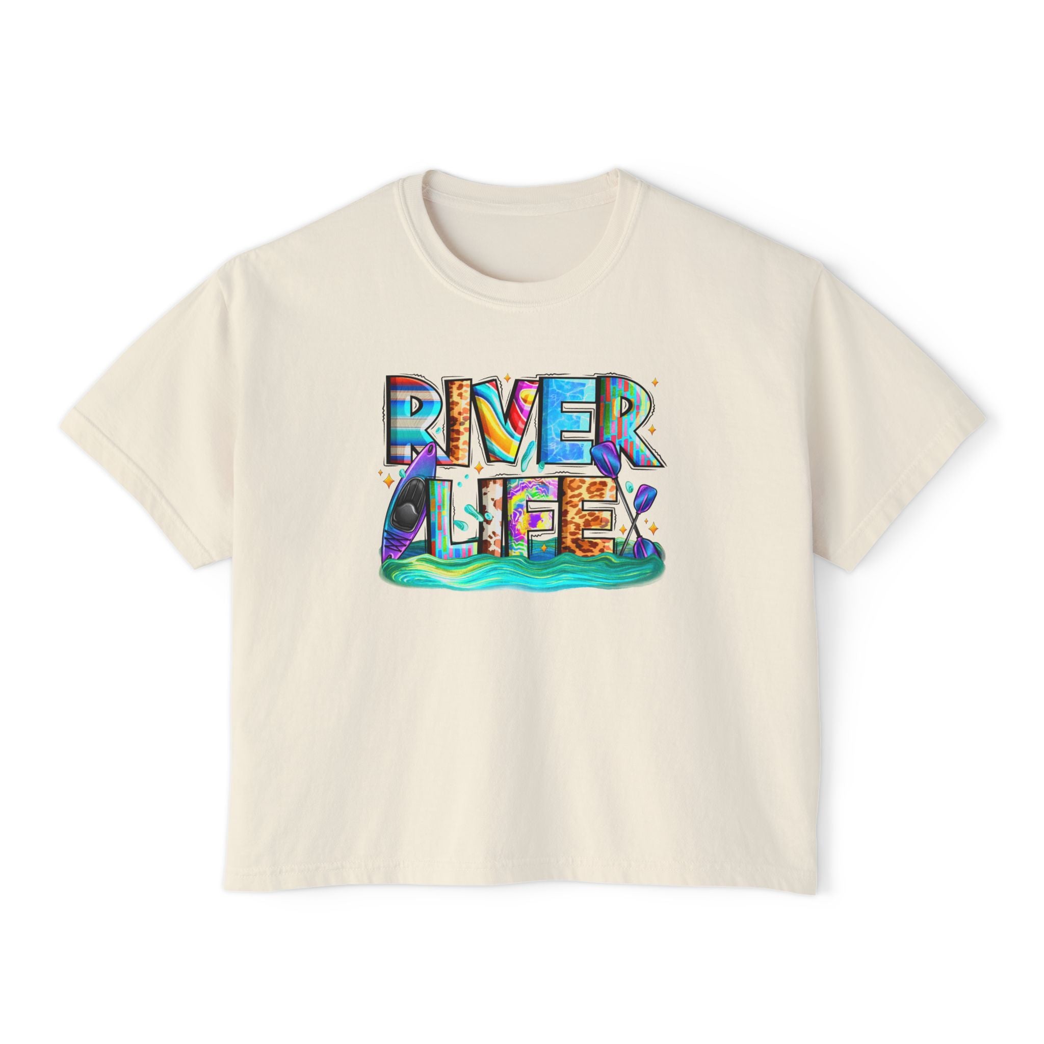 River Life boxy tee | colorful river lettering, kayak, fishing graphics