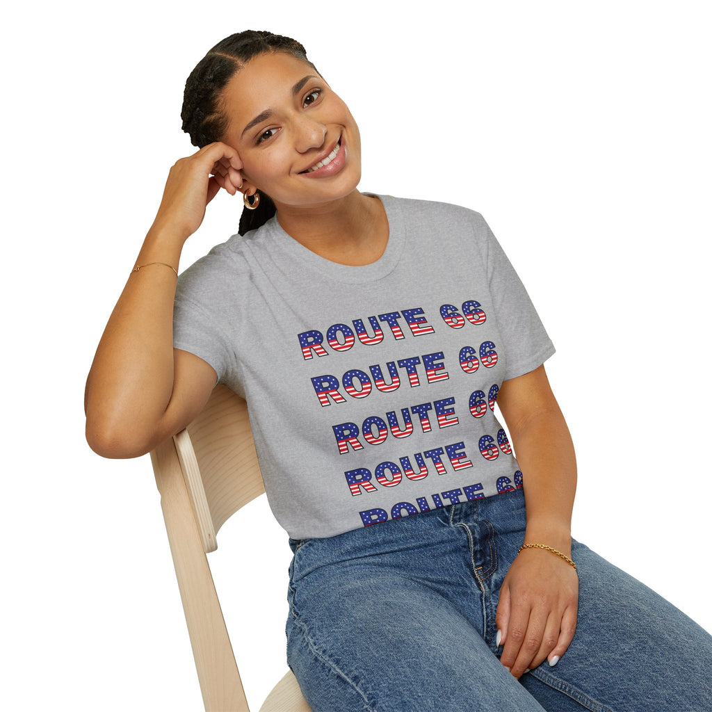Route 66 Retro Text T-Shirt | American Flag Roadtrip Graphic