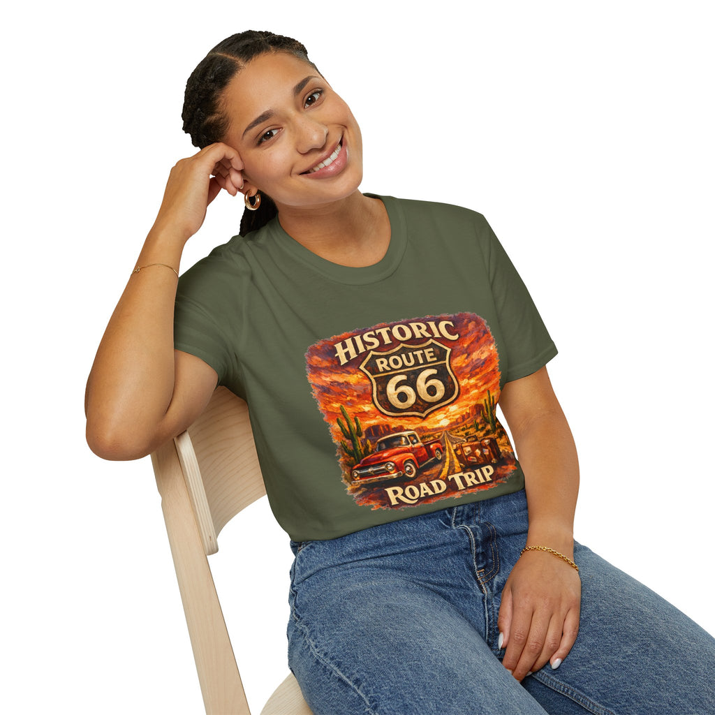 Historic Route 66 Road Trip T-Shirt | Vintage Car Desert Sunset