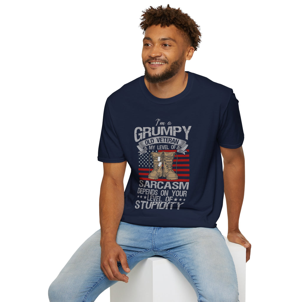 Grumpy Old Veteran Boots, T-Shirt | American Flag, Sarcasm Depends on Stupidity