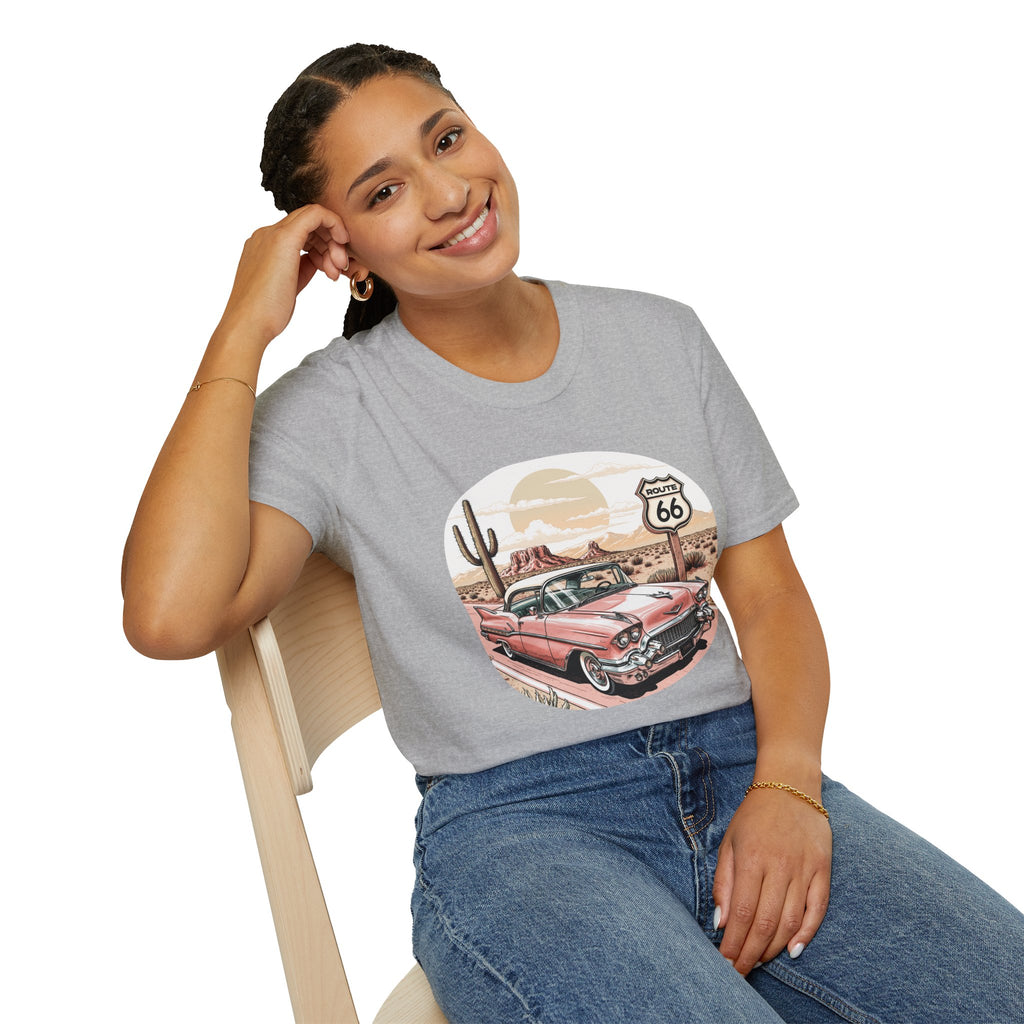 Retro Pink Classic Car Route 66 T-Shirt | Desert Cactus Vintage Roadtrip