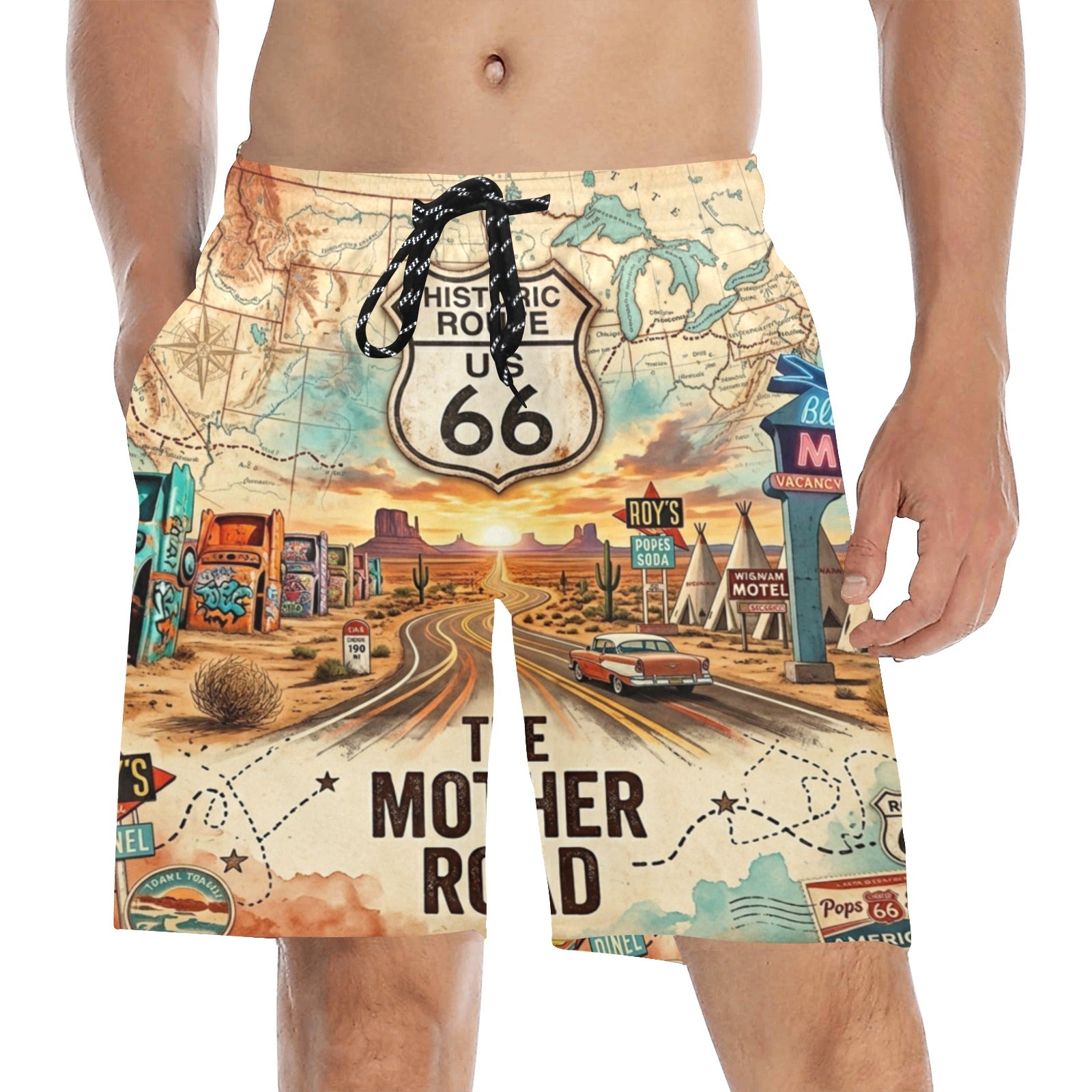 Route 66 the Mother Road Men's Mid-Length Beach Shorts