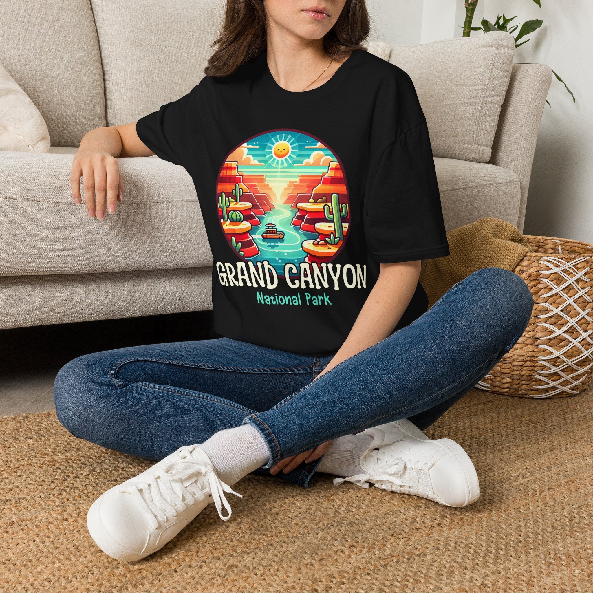 Grand Canyon National Park Retro Sunset T-Shirt | Canyon River Illustration