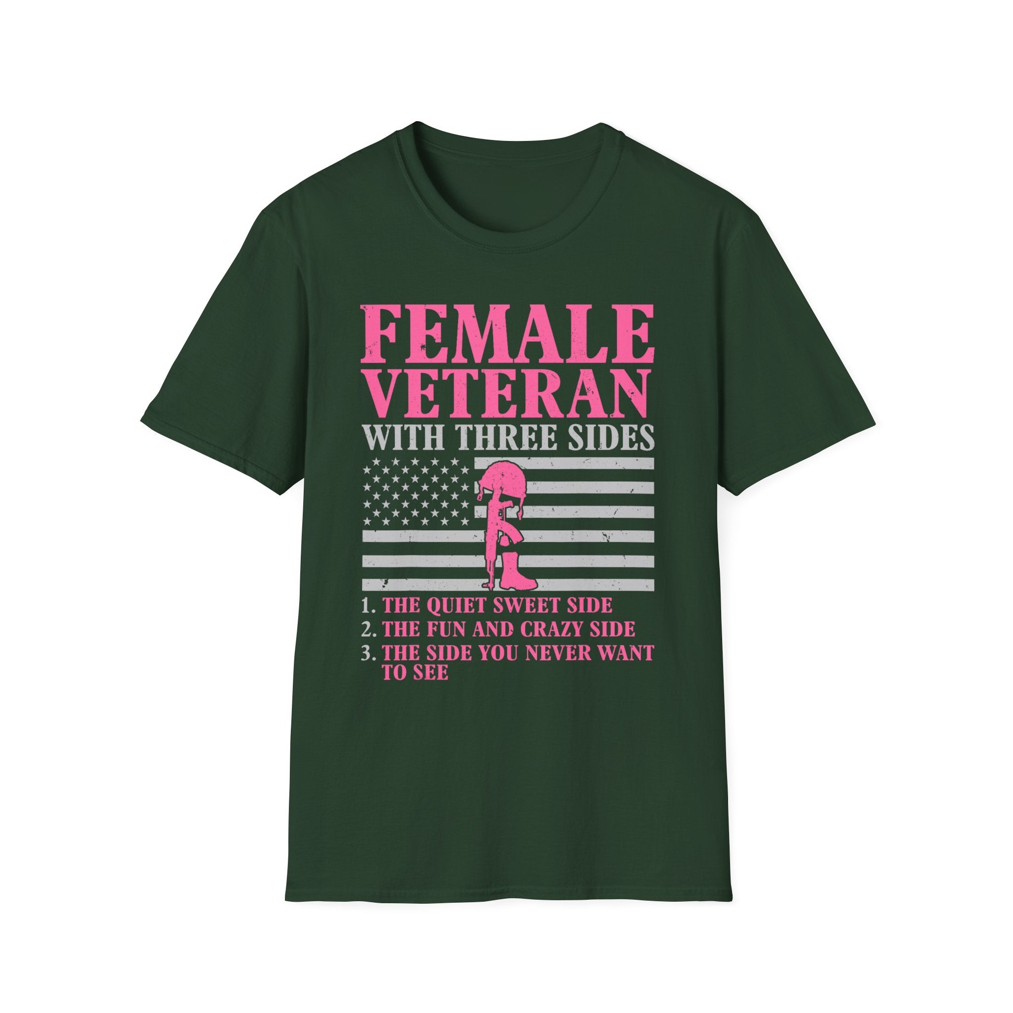 Female Veteran with Three Sides T-Shirt | American Flag, Pink Helmet, Military Pride