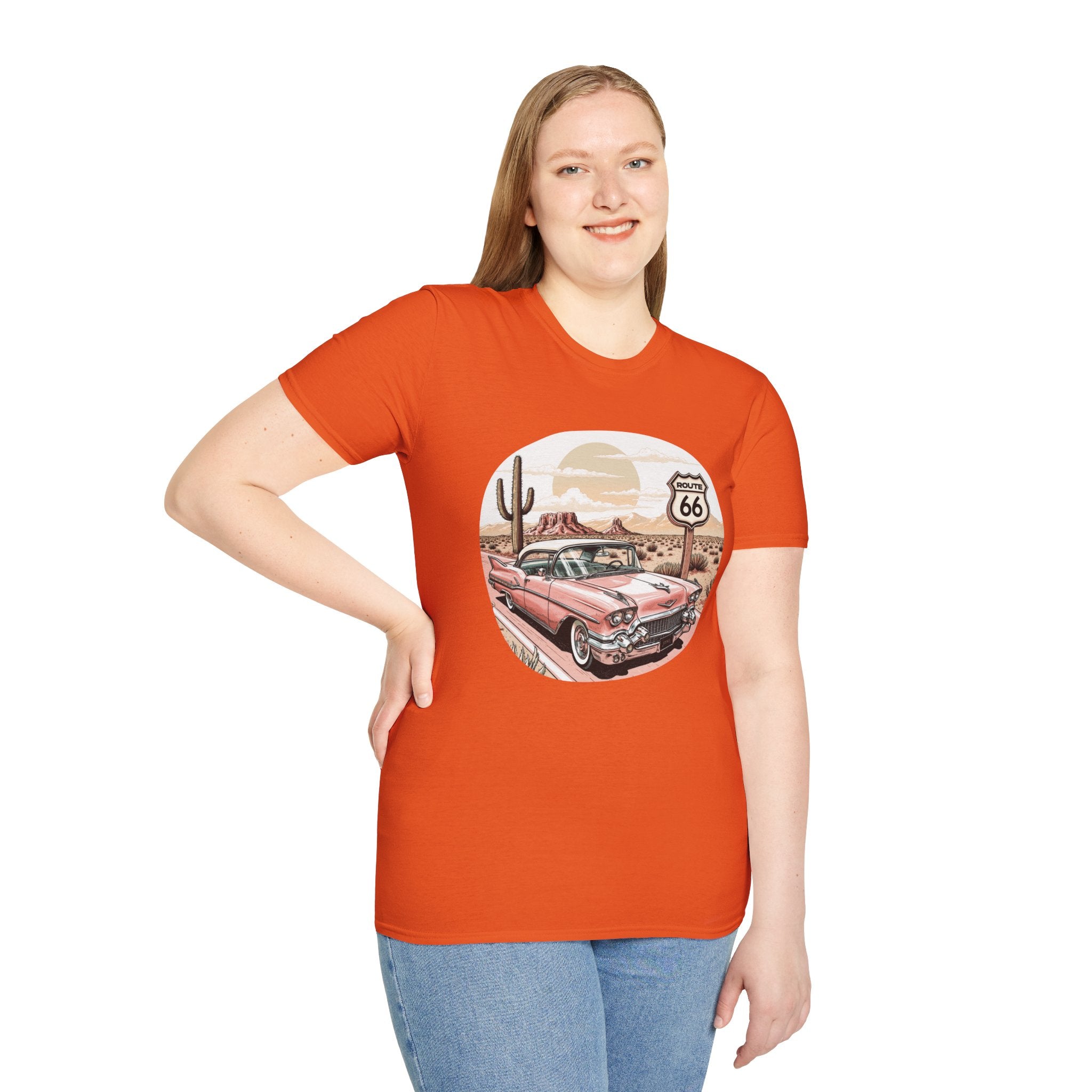 Retro Pink Classic Car Route 66 T-Shirt | Desert Cactus Vintage Roadtrip