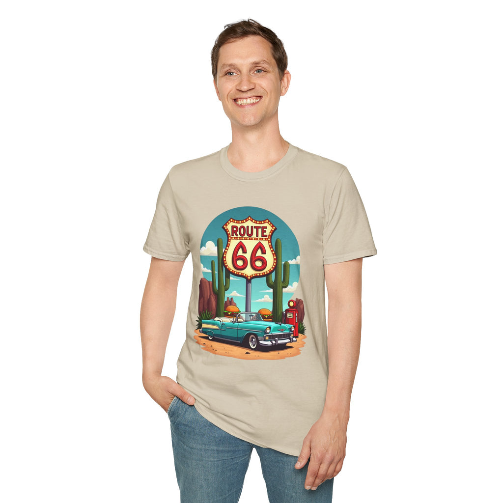 Route 66 Classic Car T-Shirt | Retro Desert Road Sign, Vintage Convertible