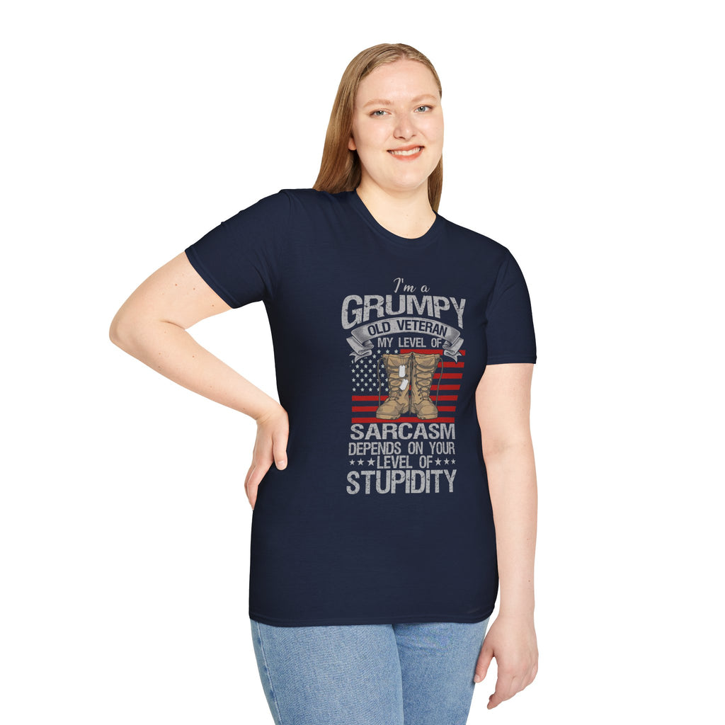 Grumpy Old Veteran Boots, T-Shirt | American Flag, Sarcasm Depends on Stupidity