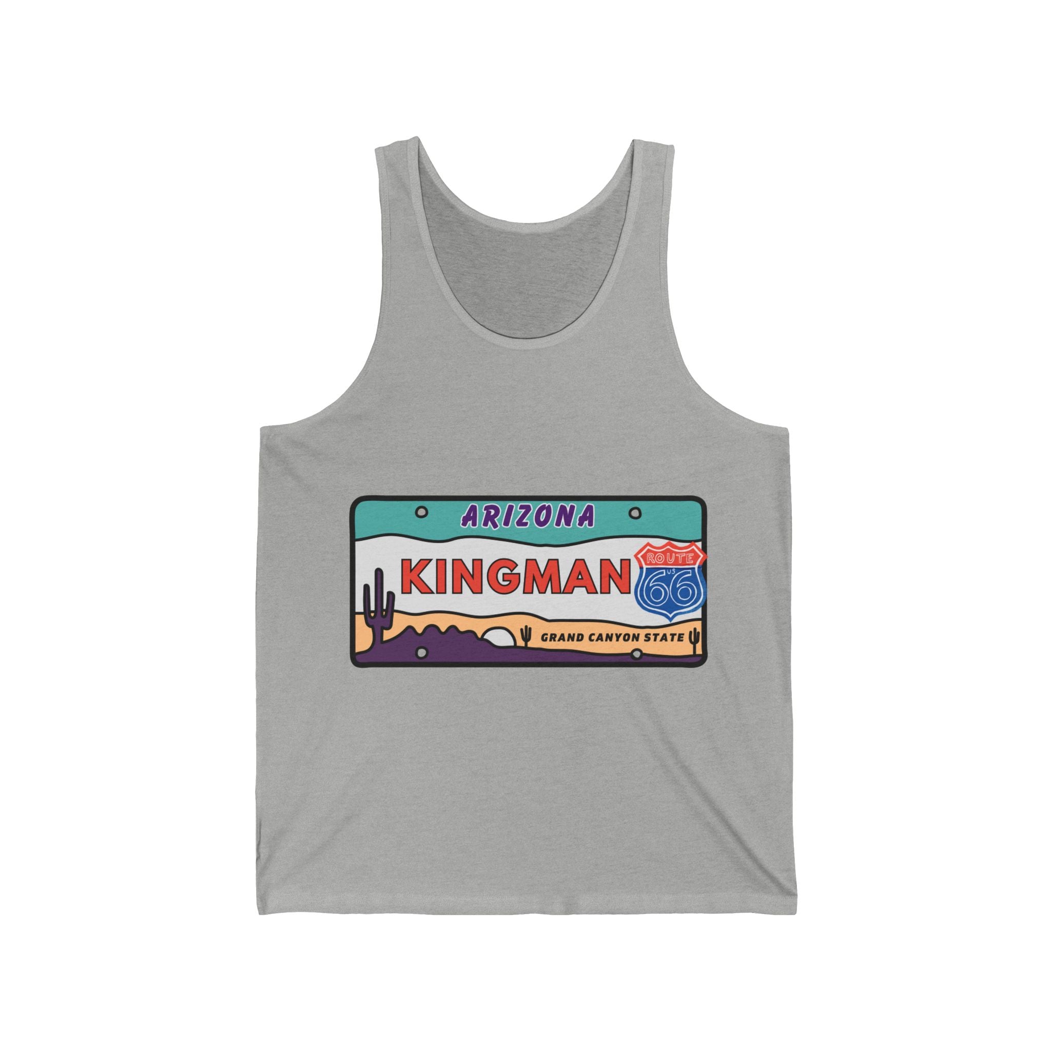 Kingman Tank Top Route 66 License Plate Unisex Jersey Tank, Mens Womans Graphic Sleeveless Shirt, Retro Vintage Road Trip Tee, Southwest