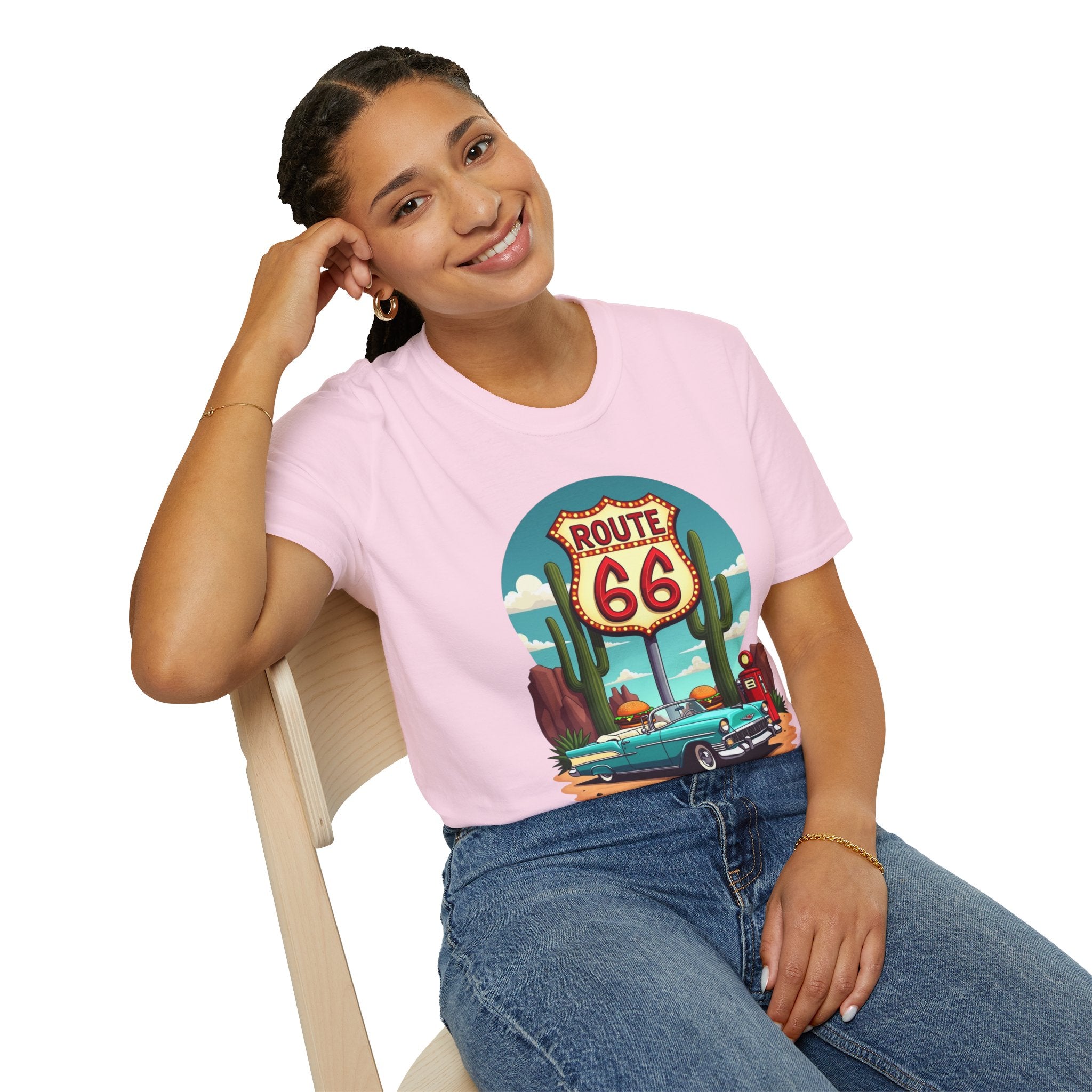 Route 66 Classic Car T-Shirt | Retro Desert Road Sign, Vintage Convertible