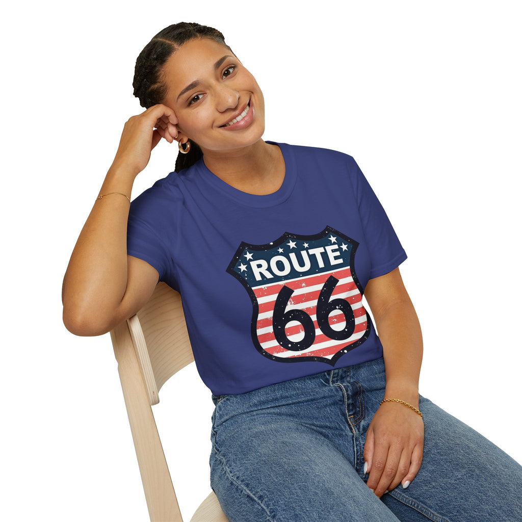 Route 66 Shield T-Shirt | American Flag Vintage Road Sign