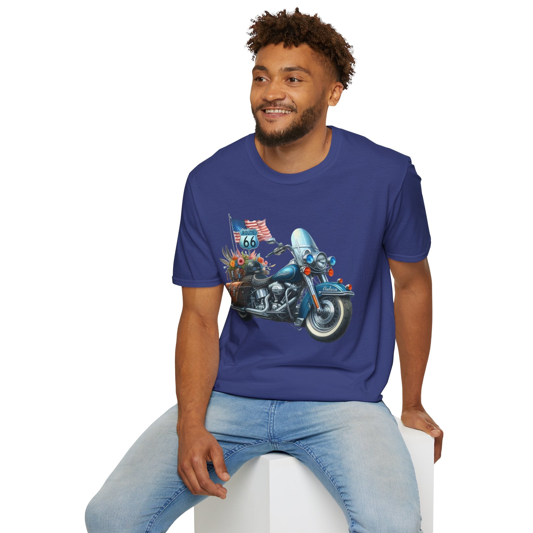 Route 66 Motorcycle Illustration T-Shirt | American Flag, Sunflowers