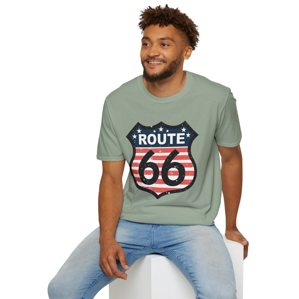 Route 66 Shield T-Shirt | American Flag Vintage Road Sign
