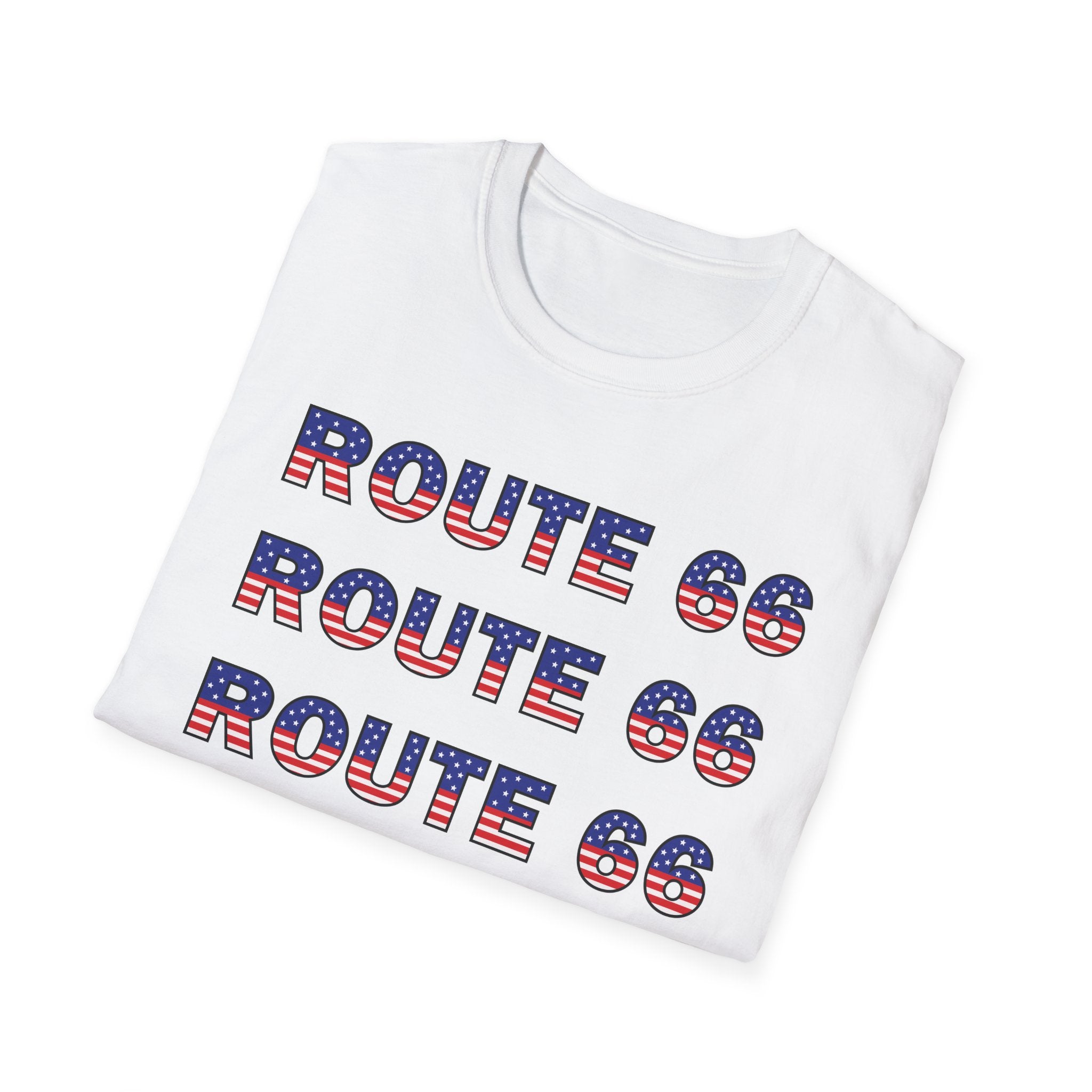 Route 66 Retro Text T-Shirt | American Flag Roadtrip Graphic