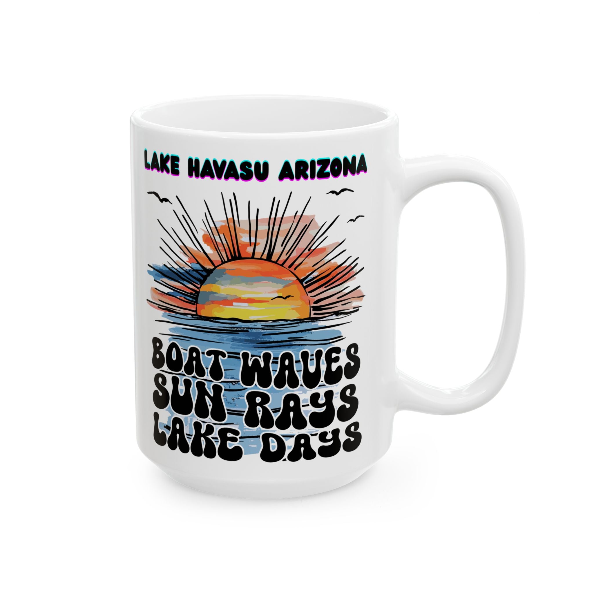 Lake Havasu Arizona Sunset Boat Waves Sun Rays Lake Days Mug | Retro Beach Sunrise Ceramic Mug