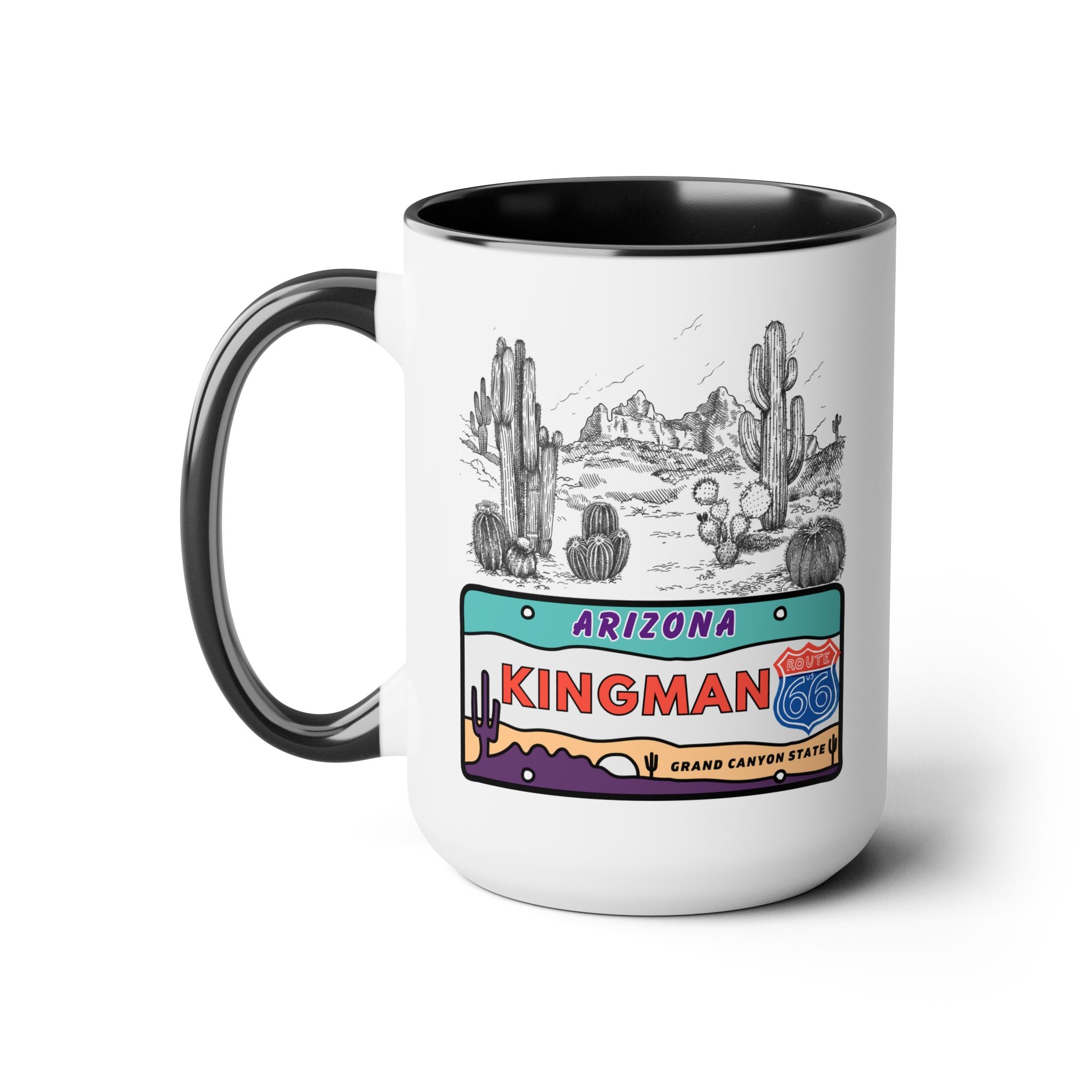Kingman Arizona Route 66 Two-Tone Coffee Mugs, 15oz