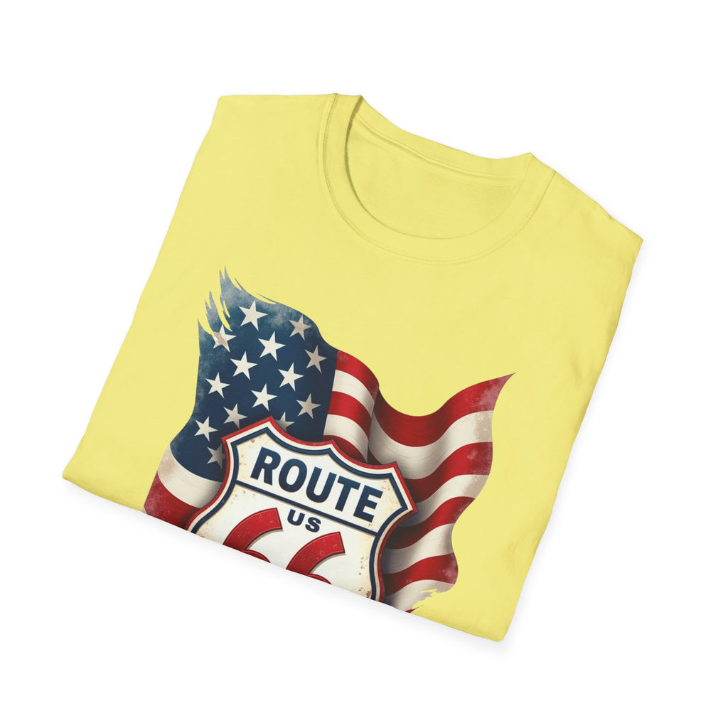Route 66 Shield with American Flag T-Shirt | Vintage Road Trip Tee