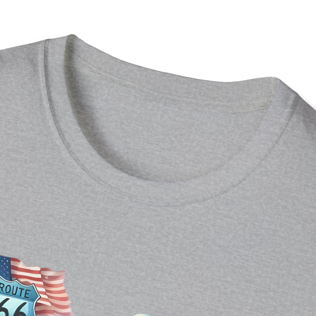 Route 66 Motorcycle Illustration T-Shirt | American Flag, Sunflowers