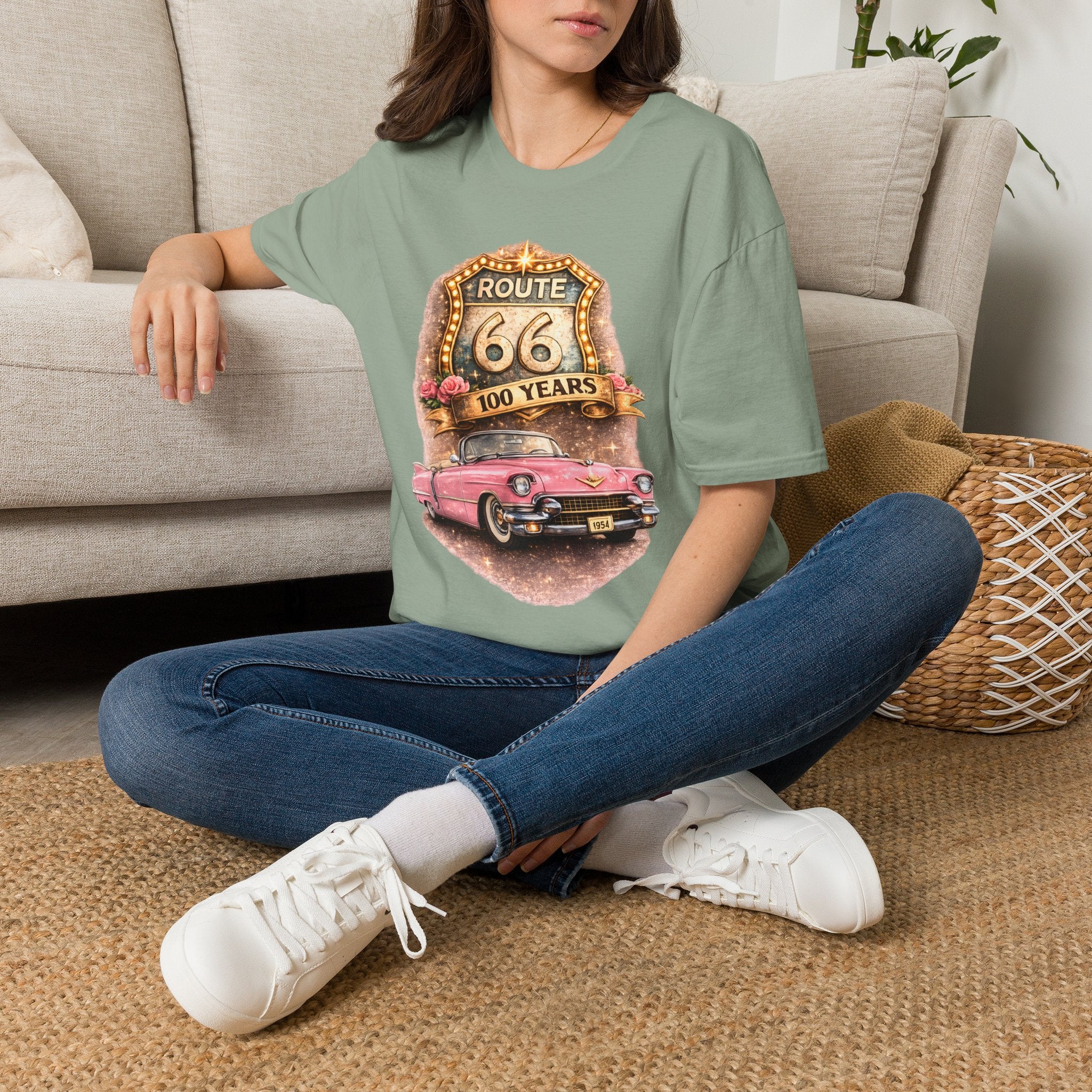 Route 66 100 Years Pink Classic Car T-Shirt | Vintage Road Trip Tee